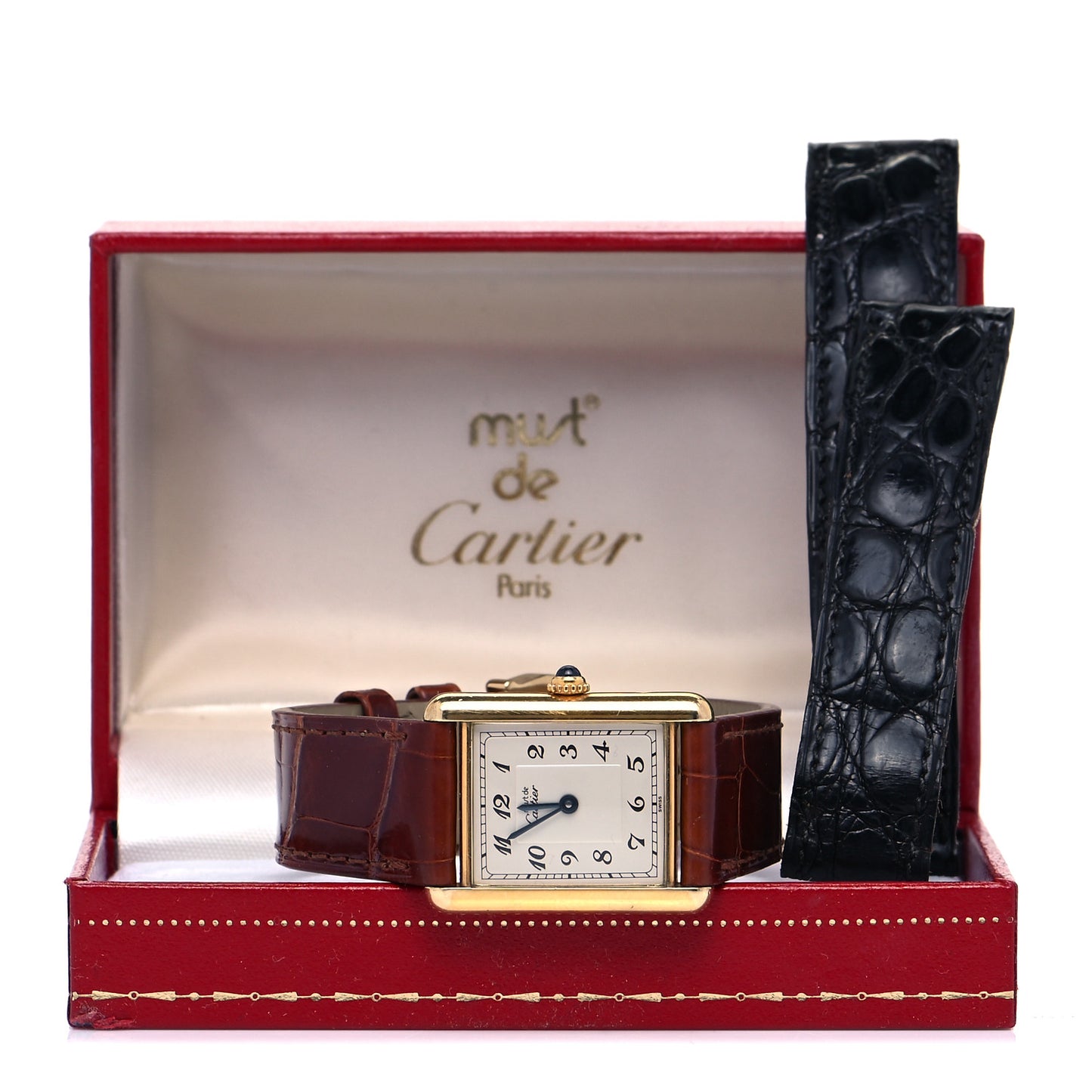 Sterling Silver Vermeil Alligator 23mm Must de Cartier Tank Quartz Watch Brown