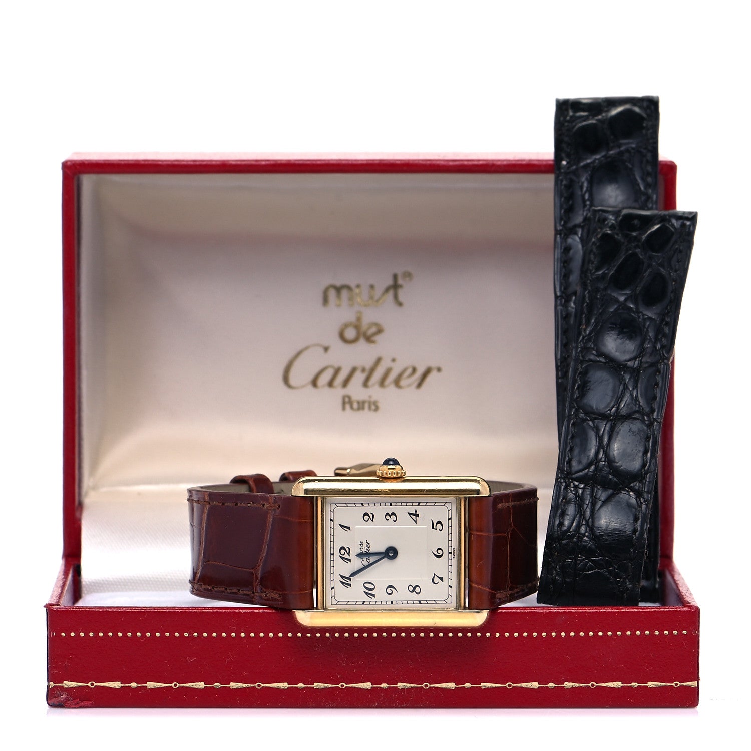 Cartier Sterling Silver Vermeil Alligator 23mm Must de Cartier Tank Quartz Watch Brown 5 of 5