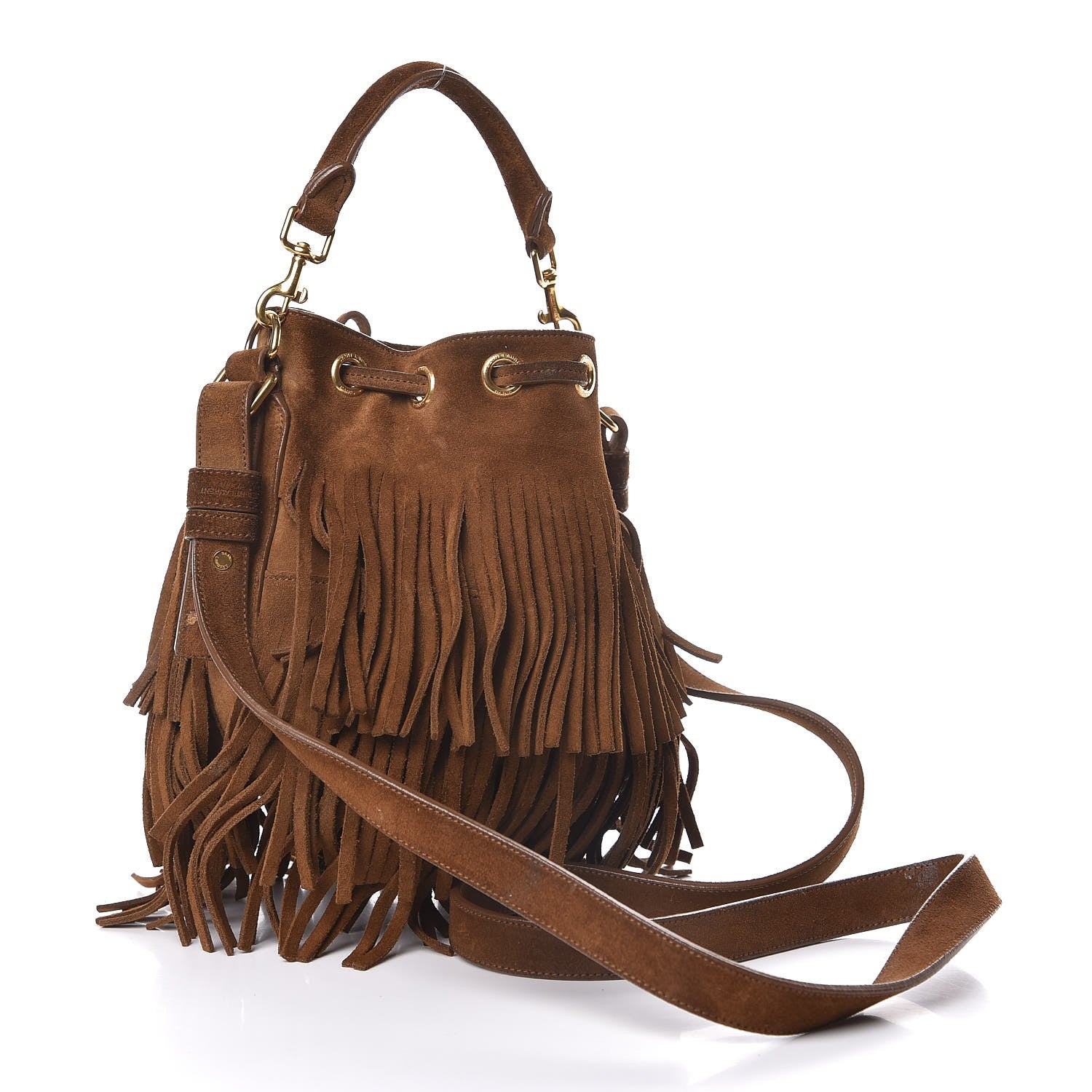 Saint Laurent Suede Calfskin Small Emmanuelle Fringe Bucket Bag Light Ocre 4 of 10