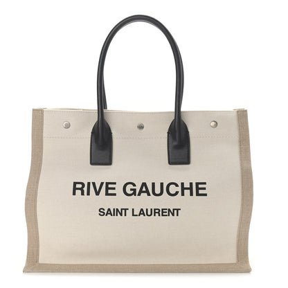 Saint Laurent Linen Calfskin Small Rive Gauche Tote Greggio Natural 1 of 10