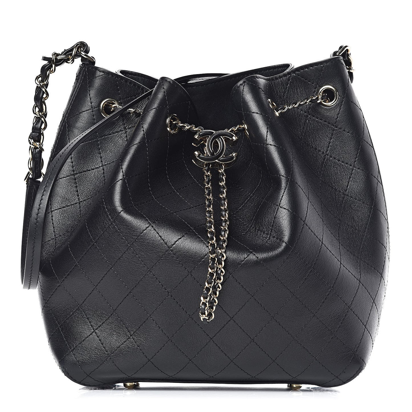 Calfskin Stitched Drawstring Bag Black