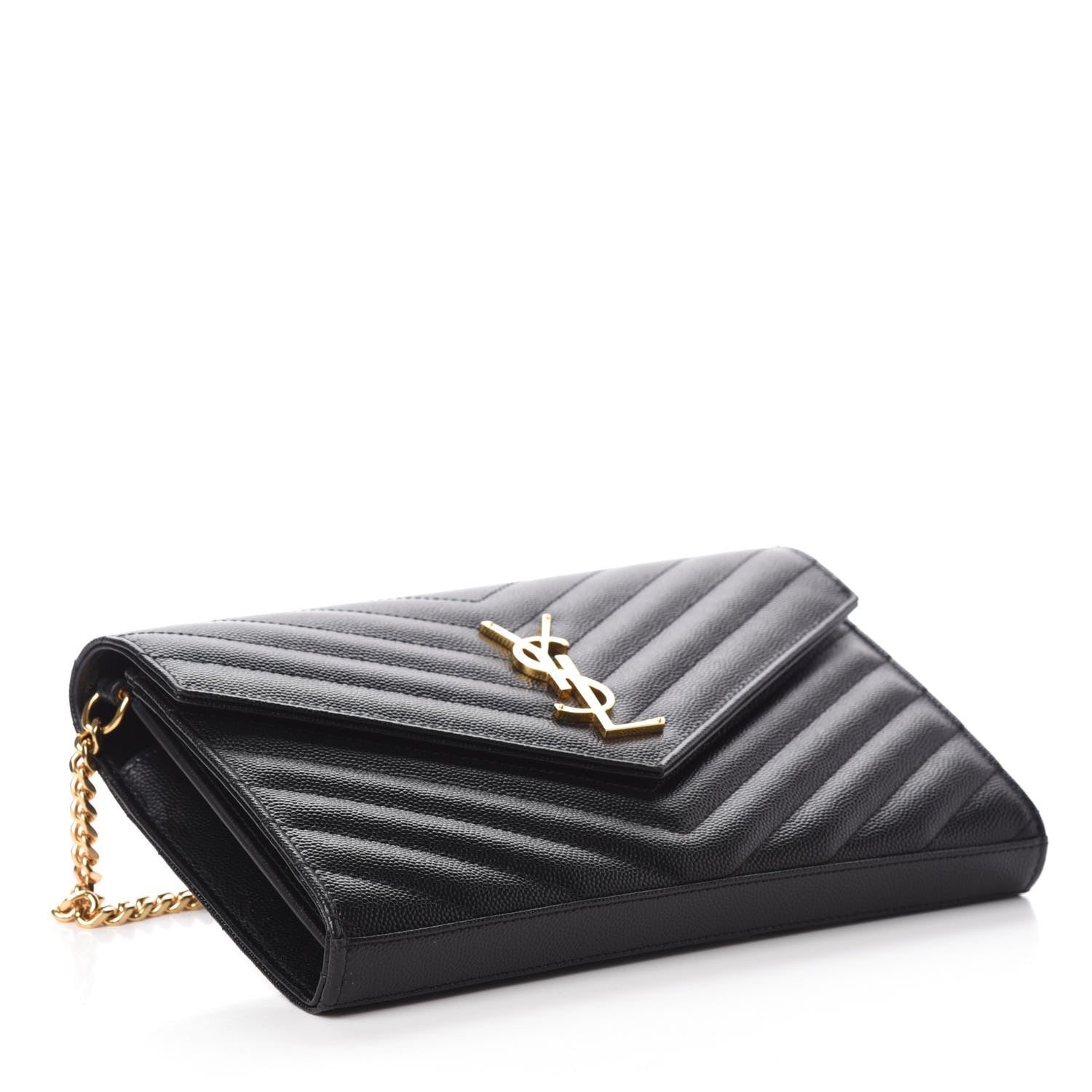 Saint Laurent Grain De Poudre Matelasse Chevron Monogram Chain Wallet Black 4 of 9