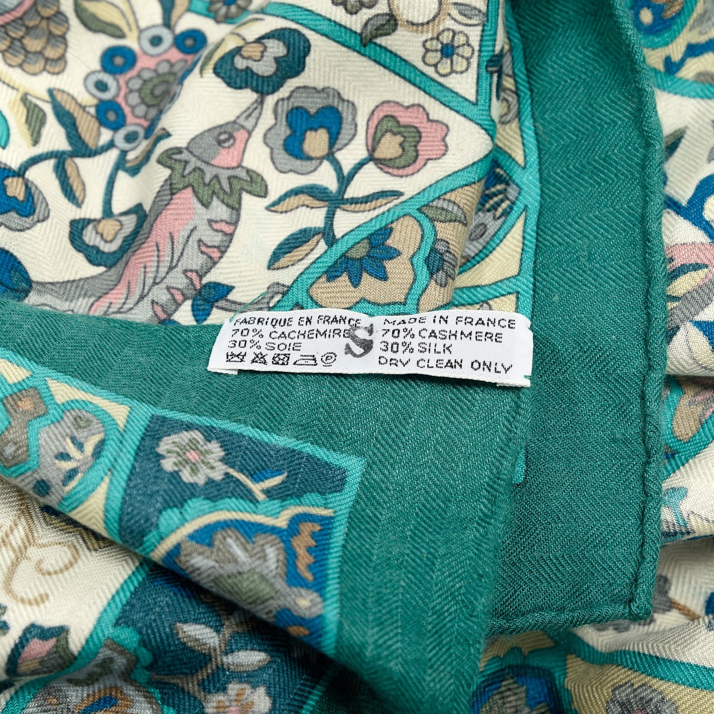 Cashmere Silk Au Pays Des Oiseaux Fleurs Shawl 140 Vert White Turquoise