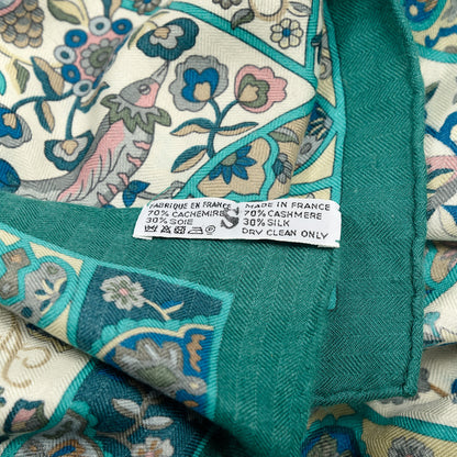 Hermes Cashmere Silk Au Pays Des Oiseaux Fleurs Shawl 140 Vert White Turquoise 5 of 5