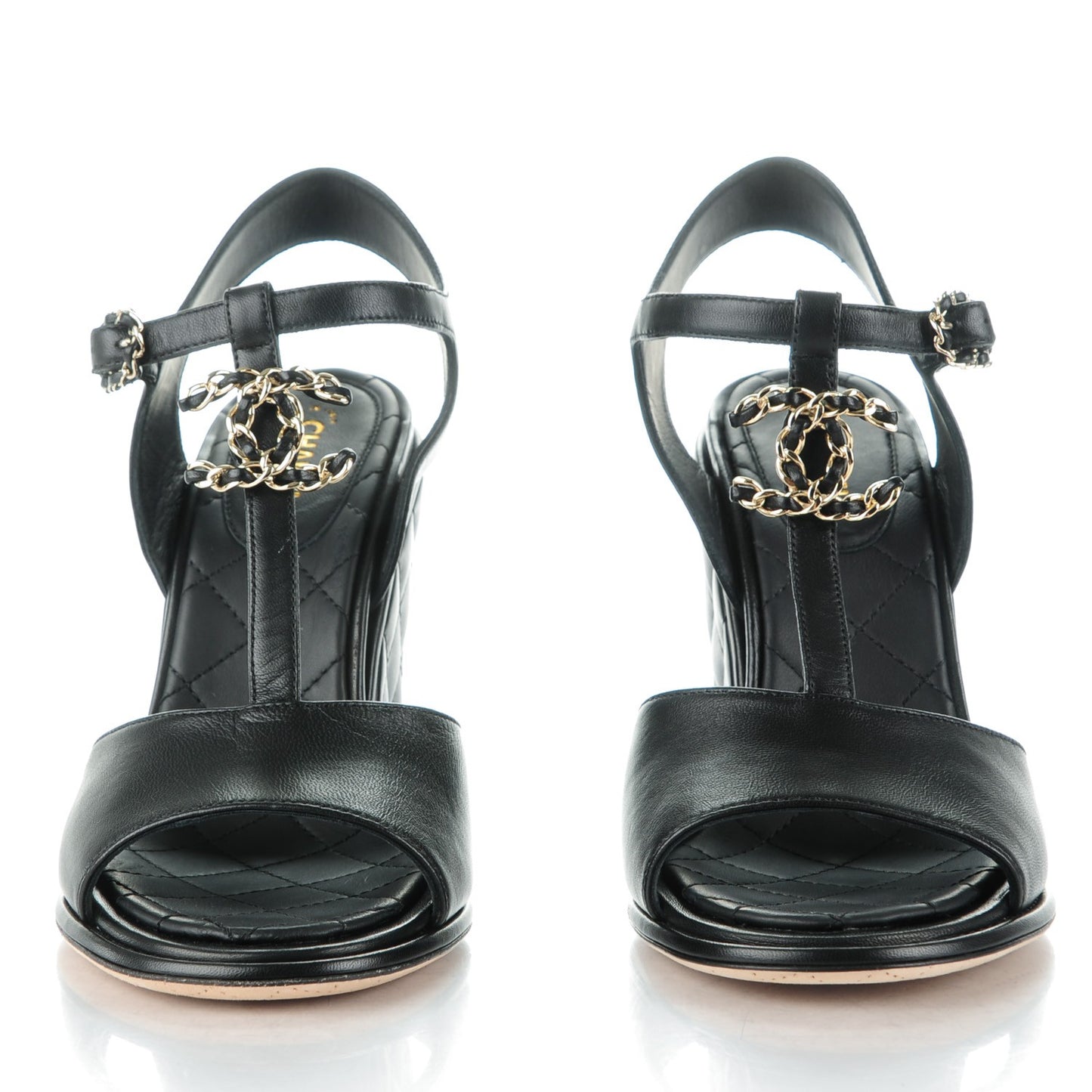 Lambskin Quilted Chain CC Wedge Sandals 39 Black
