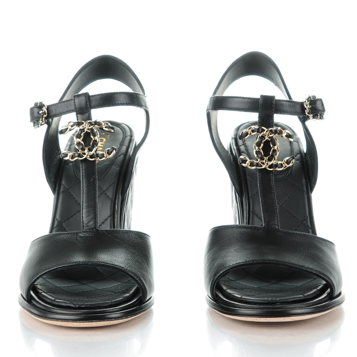 Chanel Lambskin Quilted Chain CC Wedge Sandals 39 Black 2 of 8
