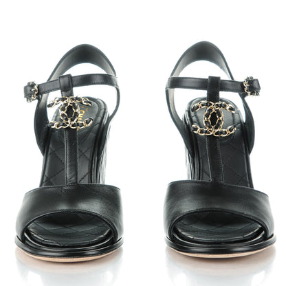 Chanel Lambskin Quilted Chain CC Wedge Sandals 39 Black 2 of 8