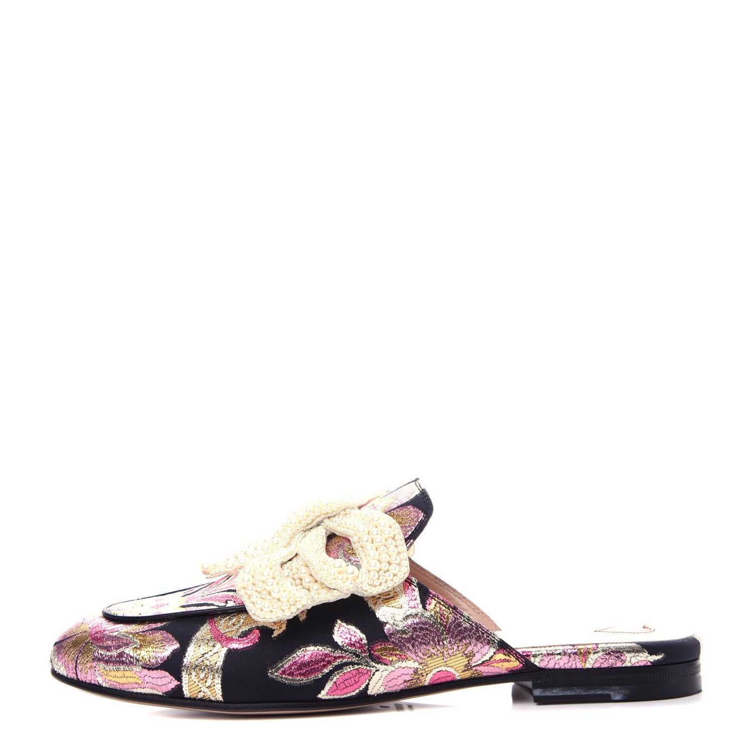 Gucci Iridescent Brocade Pearl Bow Womens Princetown Slippers 37.5 Black Pink 1 of 11