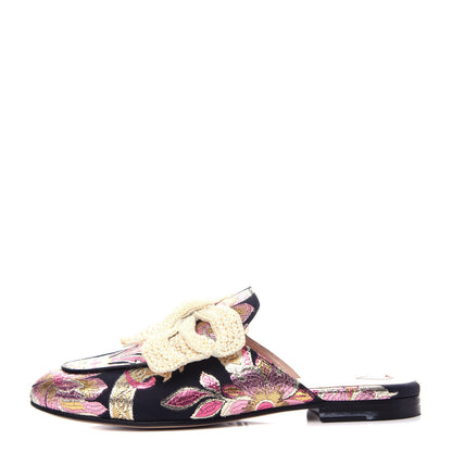 Gucci Iridescent Brocade Pearl Bow Womens Princetown Slippers 37.5 Black Pink 1 of 11