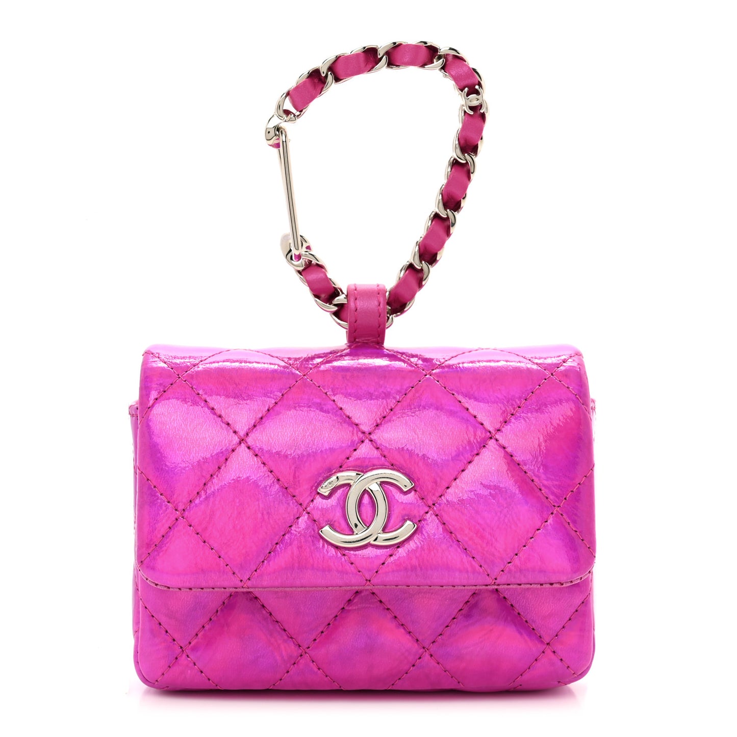 Patent Lambskin Quilted CC Hook Card Holder Pink