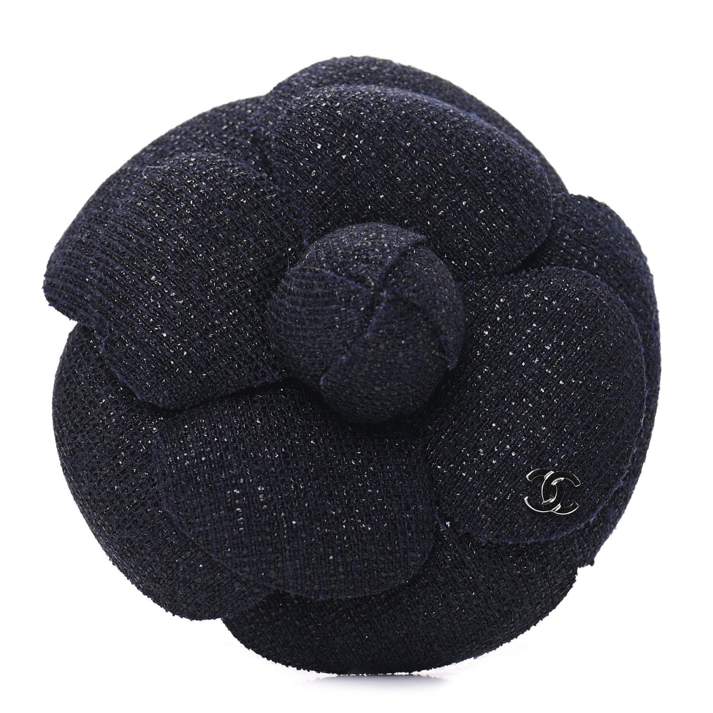 Tweed Camellia Pin Brooch Navy Blue