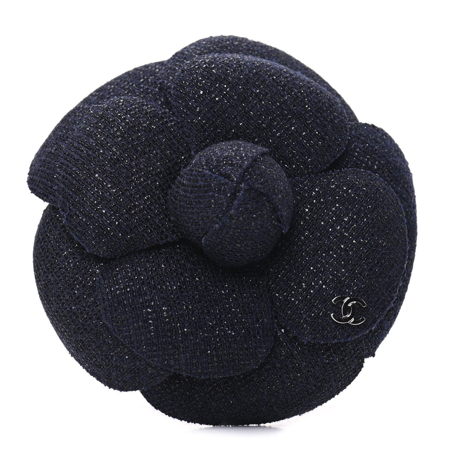 Chanel Tweed Camellia Pin Brooch Navy Blue 1 of 5