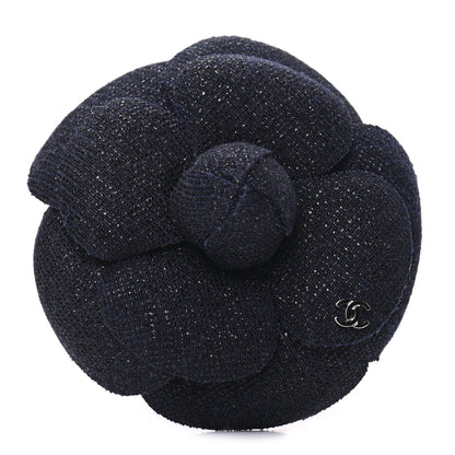 Chanel Tweed Camellia Pin Brooch Navy Blue 1 of 5