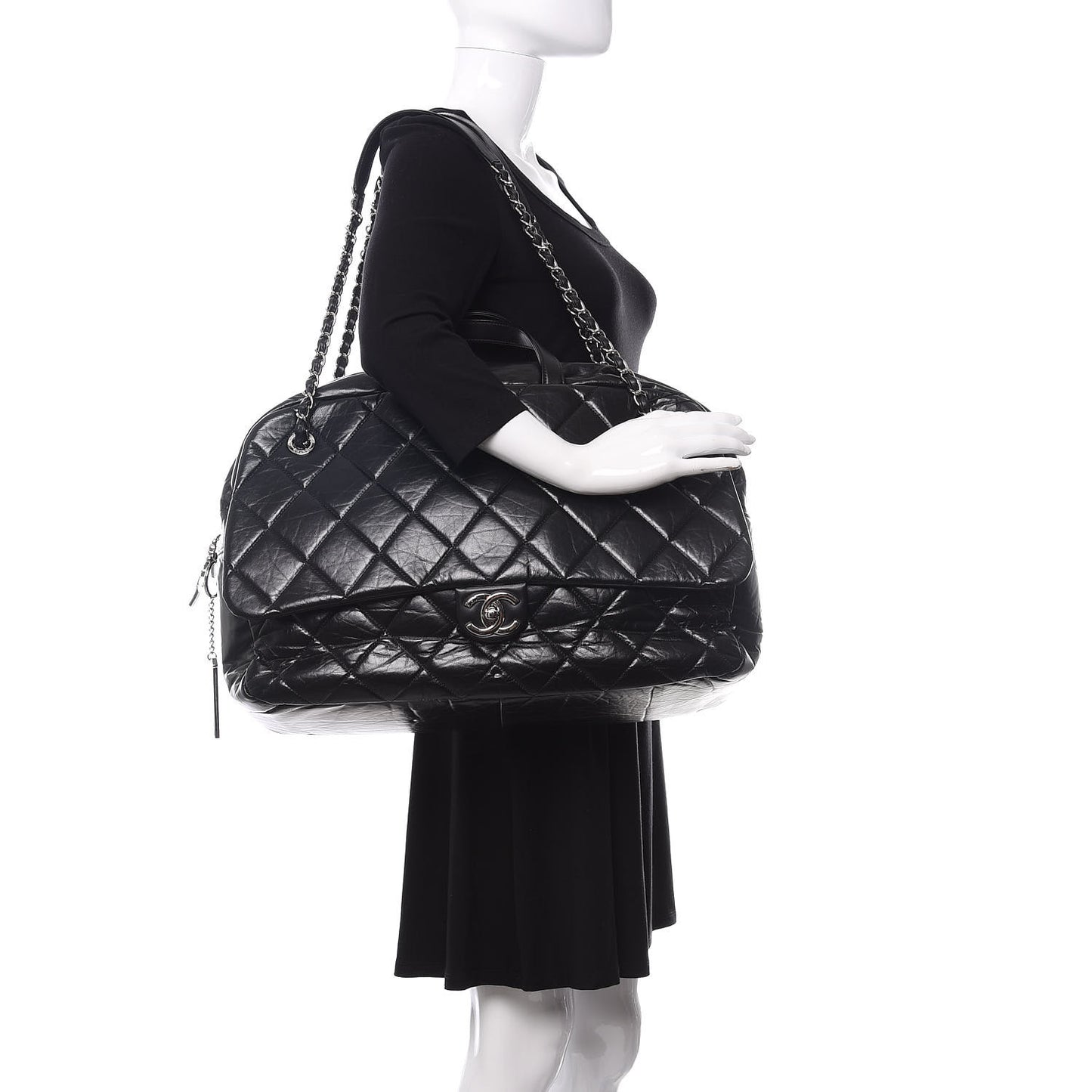 Aged Calfskin Quilted Large Express Bowling Bag Black