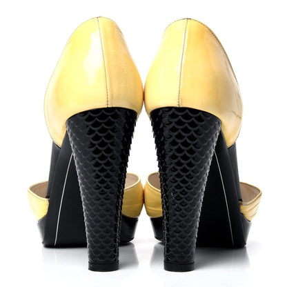 Chanel Patent Snakeskin Embossed Cap Toe d'Orsay Pumps 37 Black Yellow 4 of 8