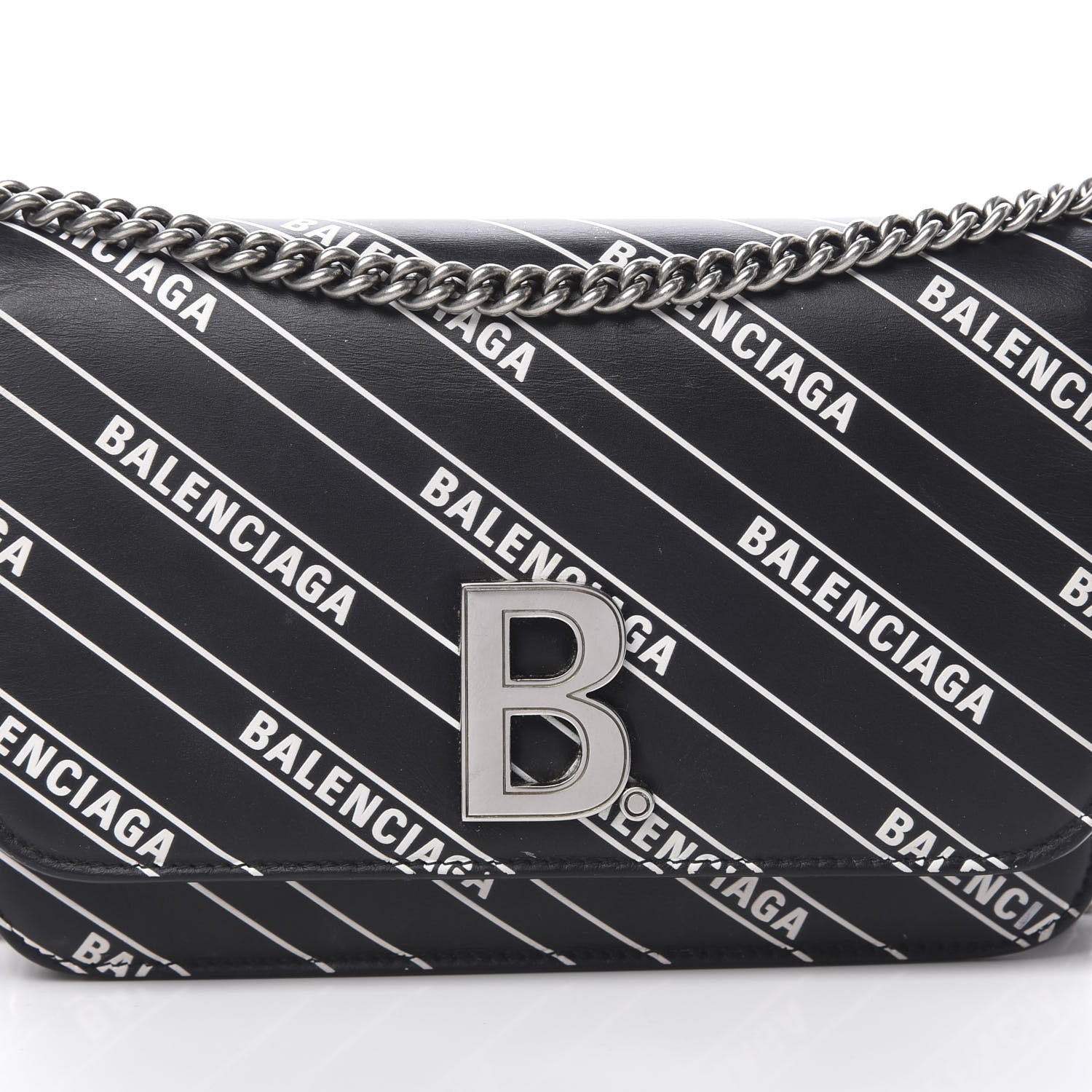 Balenciaga Matte Calfskin Diagonal Allover Logo Print B Wallet on Chain Black White 8 of 12