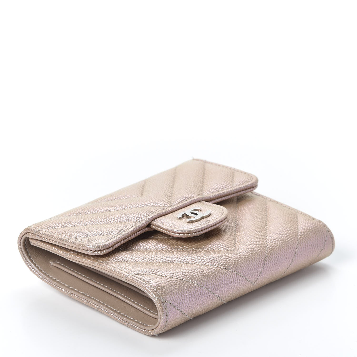Chanel Metallic Caviar Chevron Quilted Compact Flap Wallet Light Gold 3 of 10