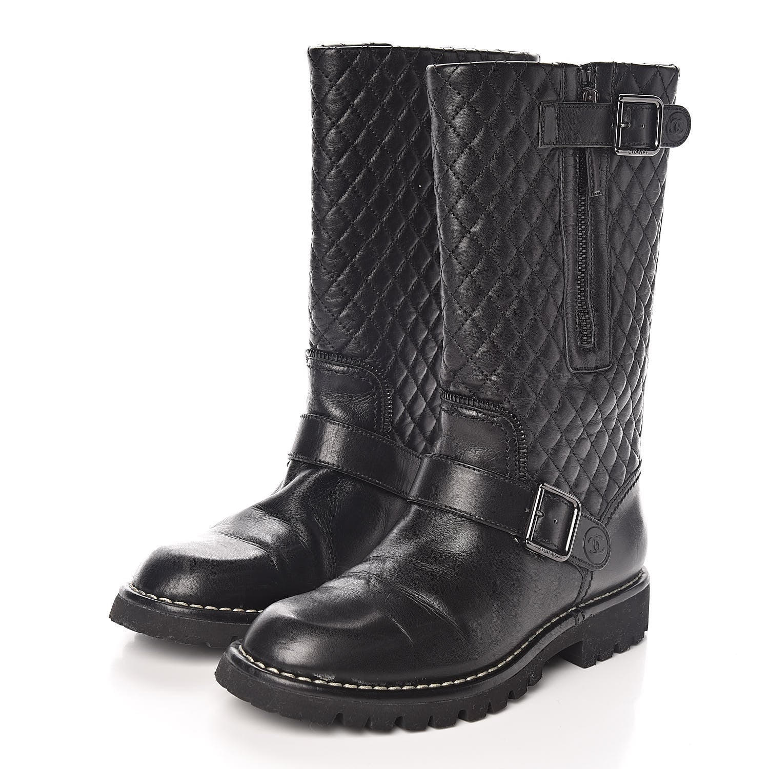 Chanel Calfskin Quilted Biker Boots 36 Black 3 of 9