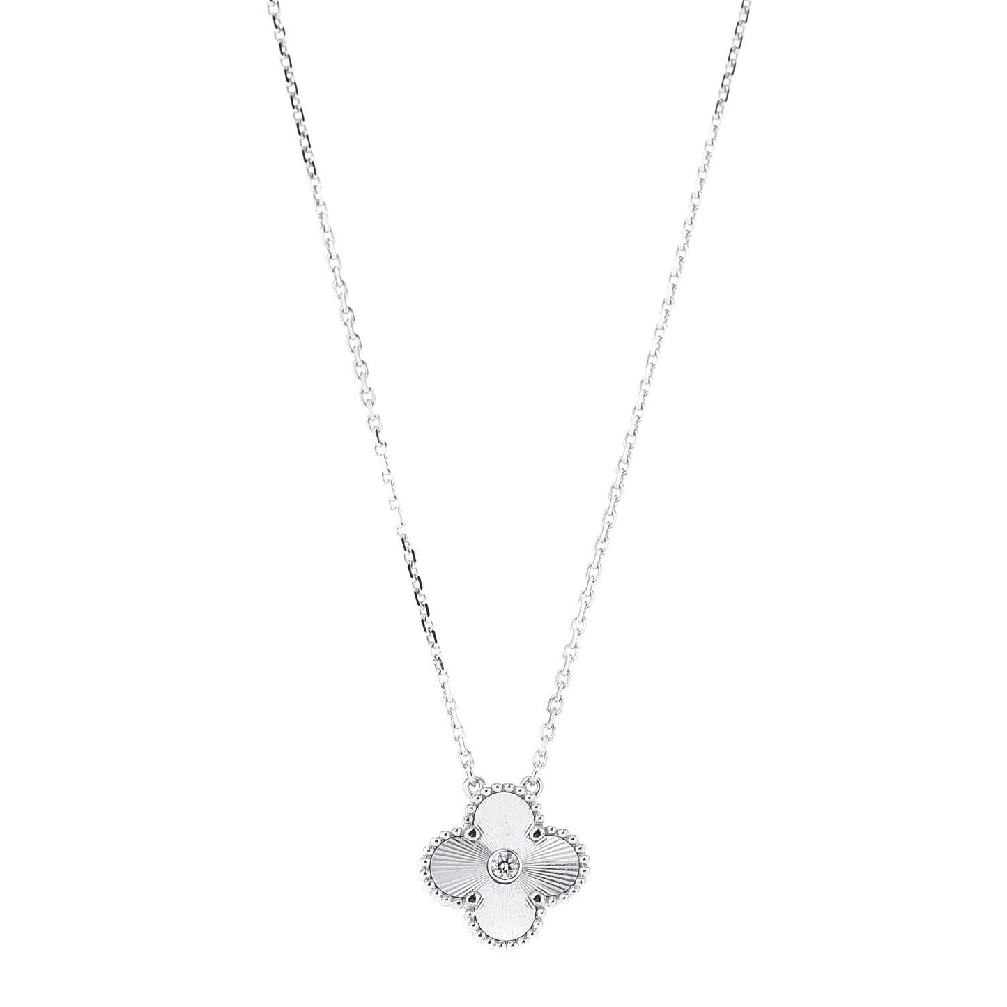 18K White Gold Diamond Guilloche Vintage Alhambra Pendant Necklace