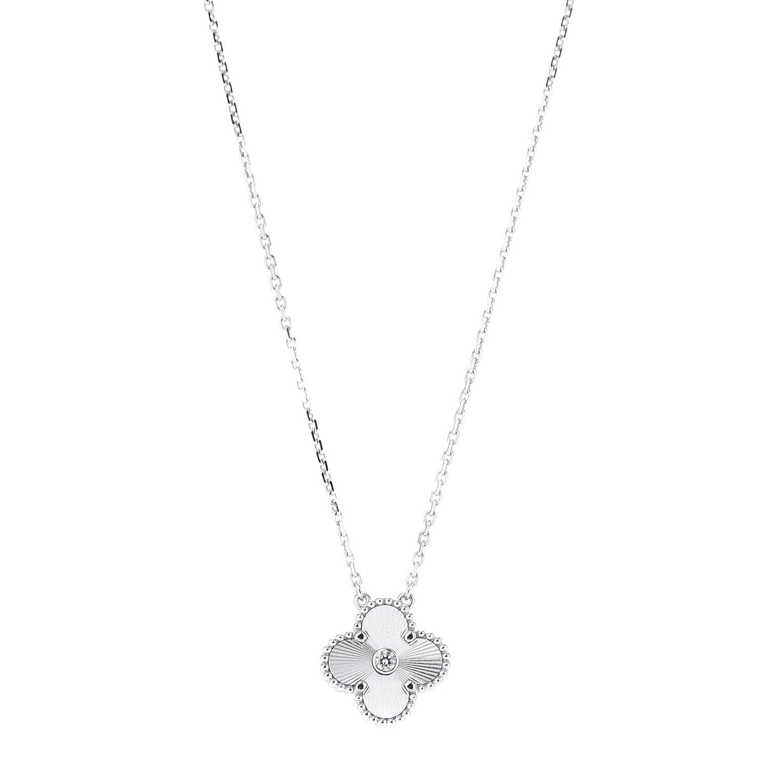 Van Cleef & Arpels 18K White Gold Diamond Guilloche Vintage Alhambra Pendant Necklace 1 of 7