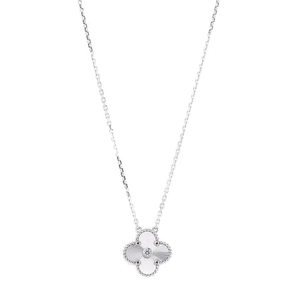 Van Cleef & Arpels 18K White Gold Diamond Guilloche Vintage Alhambra Pendant Necklace 1 of 7