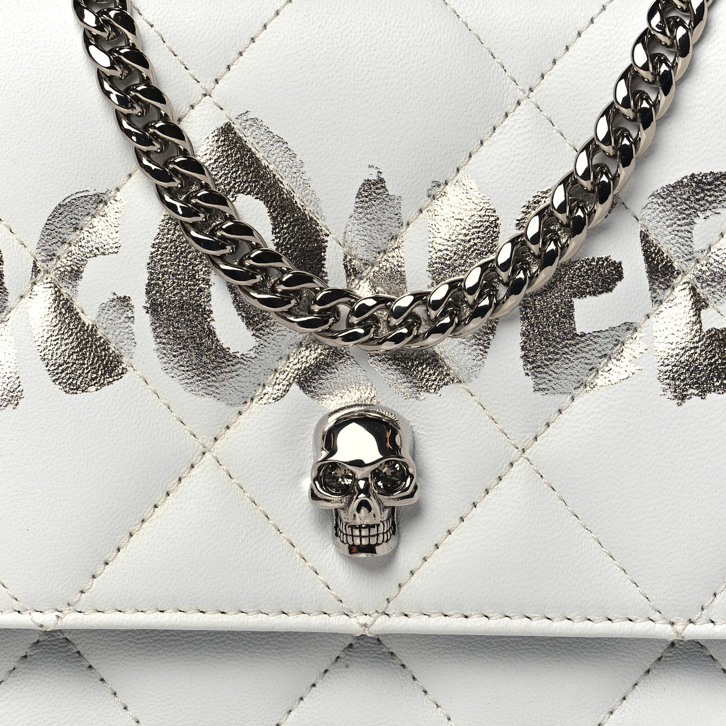 Calfskin Quilted Graffiti Skull Mini Chain Crossbody Bag White Silver