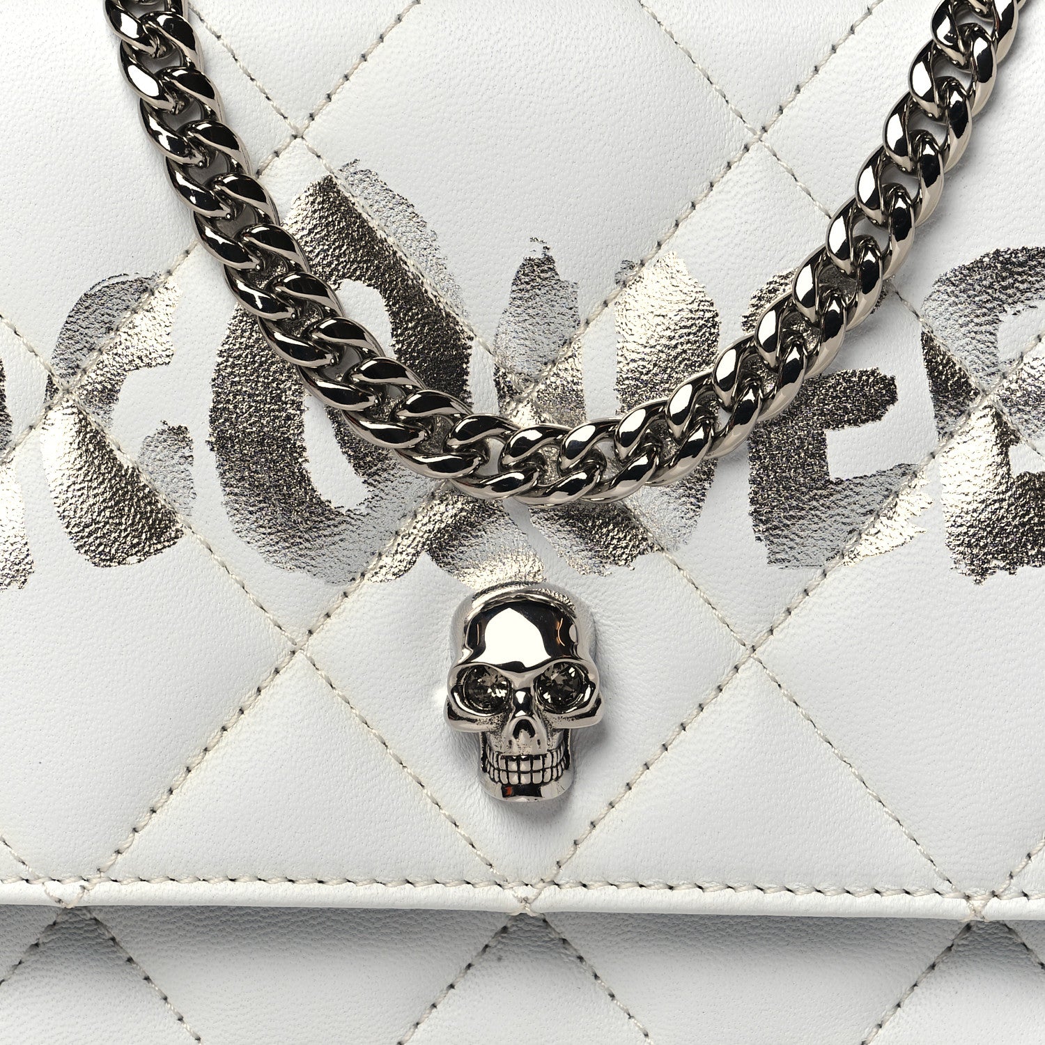 Alexander McQueen Calfskin Quilted Graffiti Skull Mini Chain Crossbody Bag White Silver 7 of 9