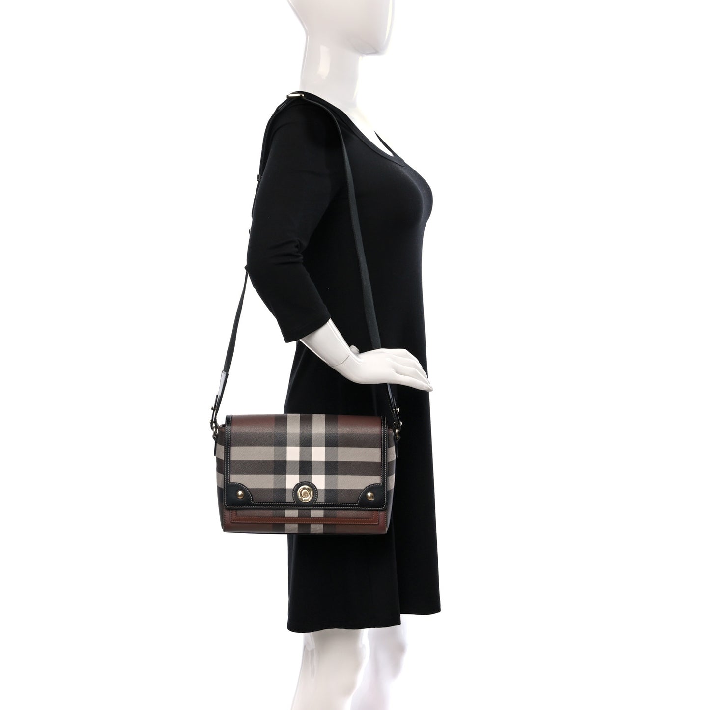 Coated Canvas Calfskin Vintage Check Medium Note Crossbody Bag Dark Birch Black