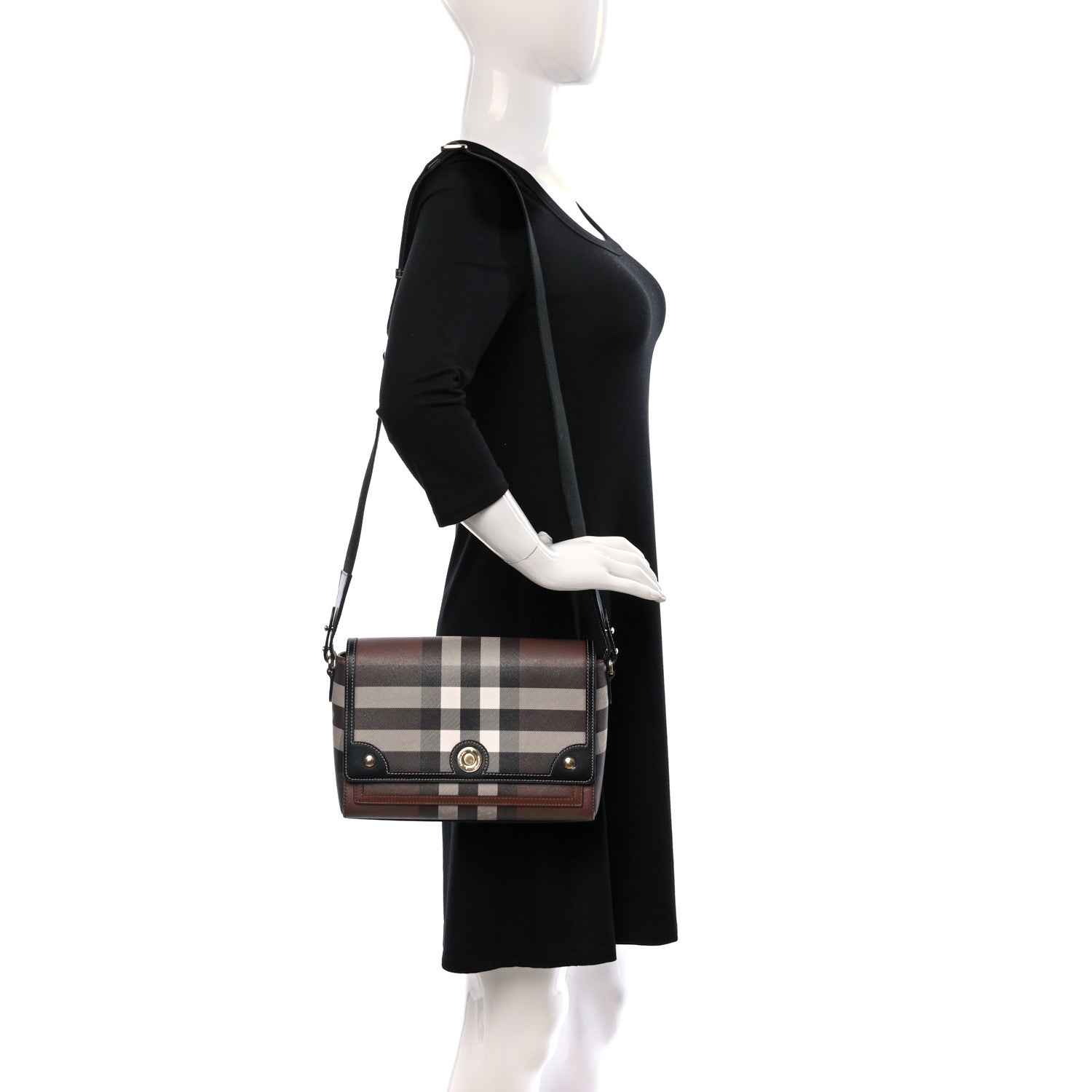 Burberry Coated Canvas Calfskin Vintage Check Medium Note Crossbody Bag Dark Birch Black 2 of 9