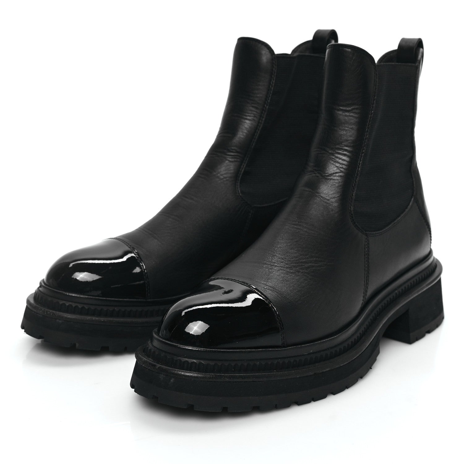 Chanel Grained Calfskin Patent Cap Toe CC Platform Ankle Boots 37.5 Black 3 of 10