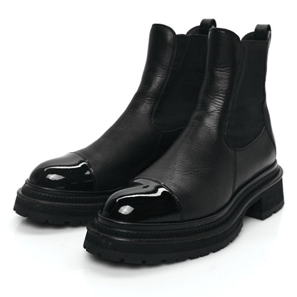 Chanel Grained Calfskin Patent Cap Toe CC Platform Ankle Boots 37.5 Black 3 of 10