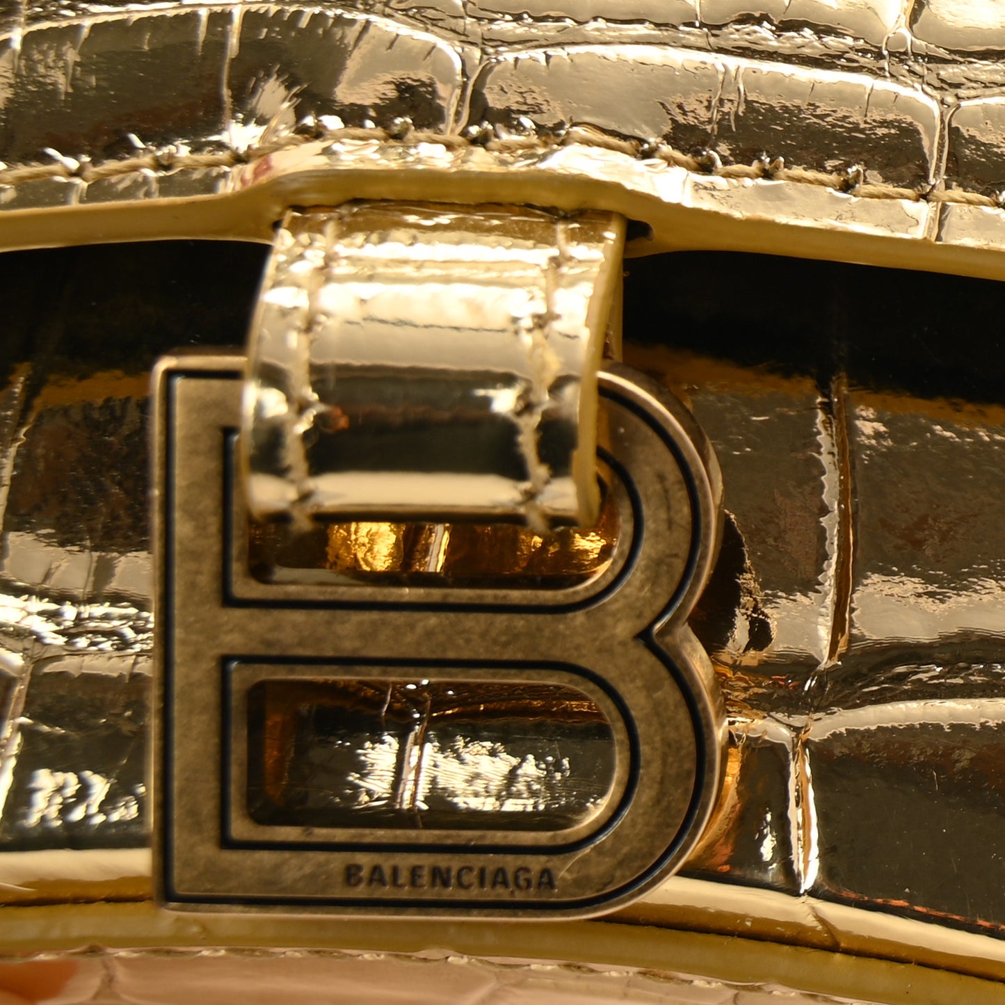 Metallic Calfskin Crocodile Embossed Hourglass Top Handle Bag Mini Gold