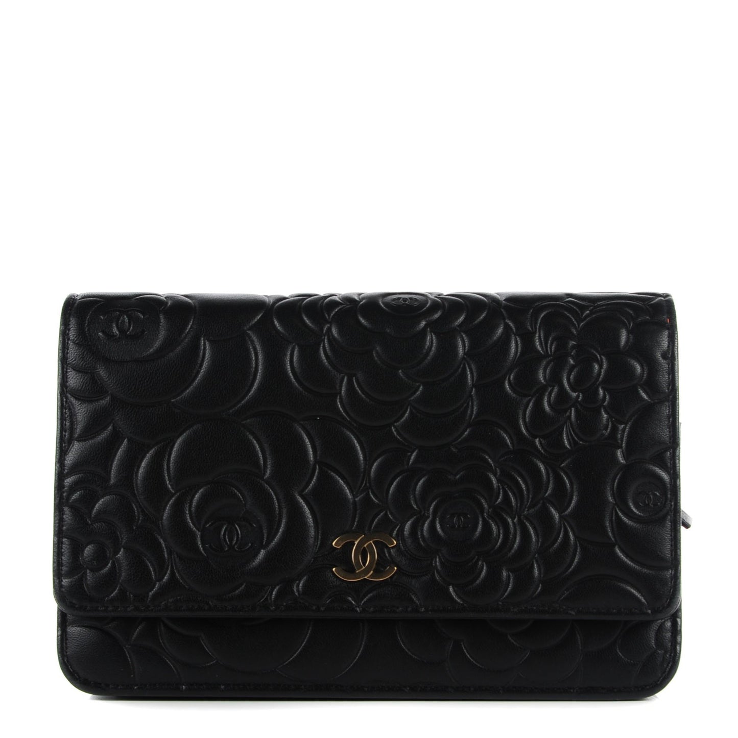 Lambskin Camellia Embossed Wallet on Chain WOC Black