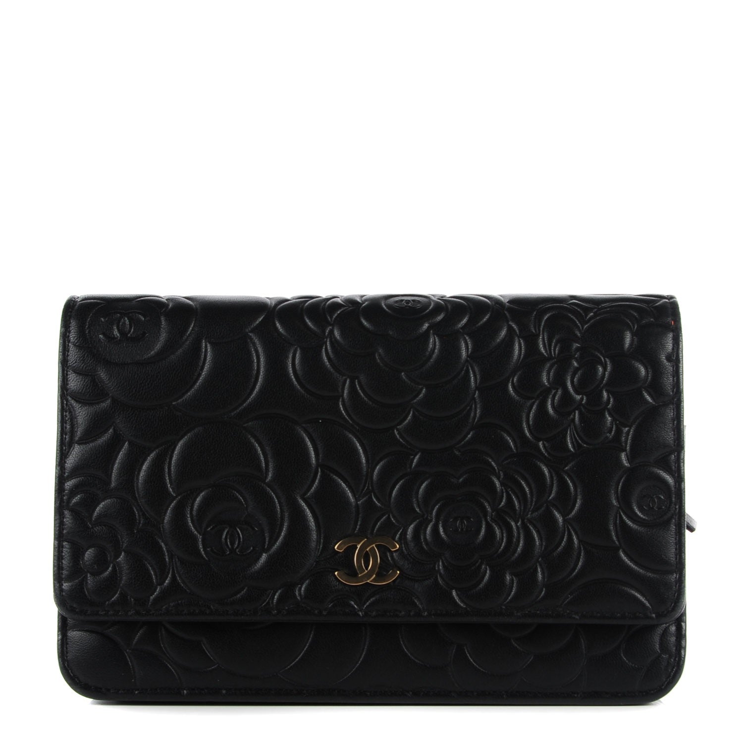 Chanel Lambskin Camellia Embossed Wallet on Chain WOC Black 1 of 8