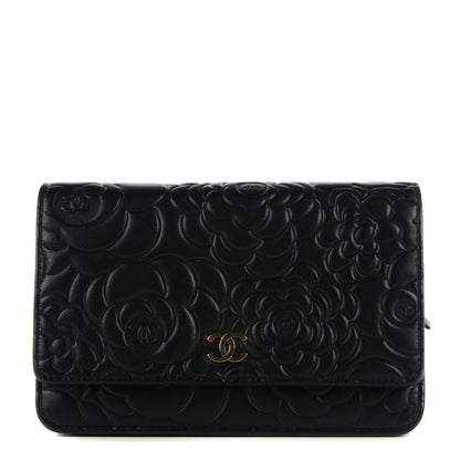 Chanel Lambskin Camellia Embossed Wallet on Chain WOC Black 1 of 8