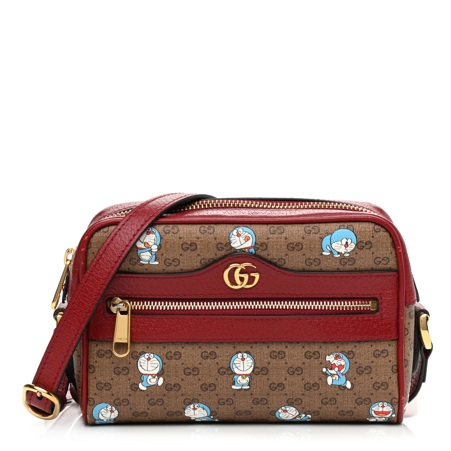 X DORAEMON Mini Vintage GG Supreme Monogram Camera Bag Beige Cherry Red