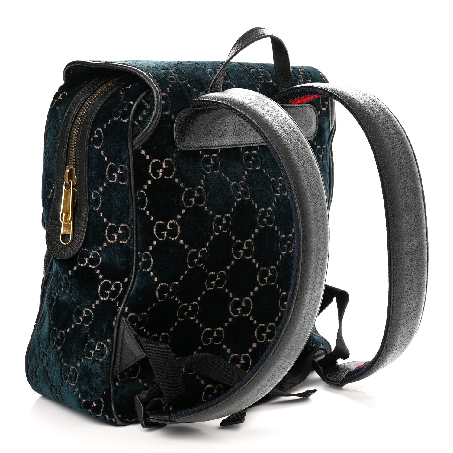 Gucci Velvet GG Monogram Textured Calfskin Web Small Double Buckle Backpack Blue Beige Black 3 of 10