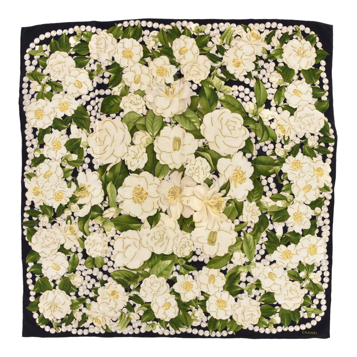 Silk Camellia Flower Square Scarf Black