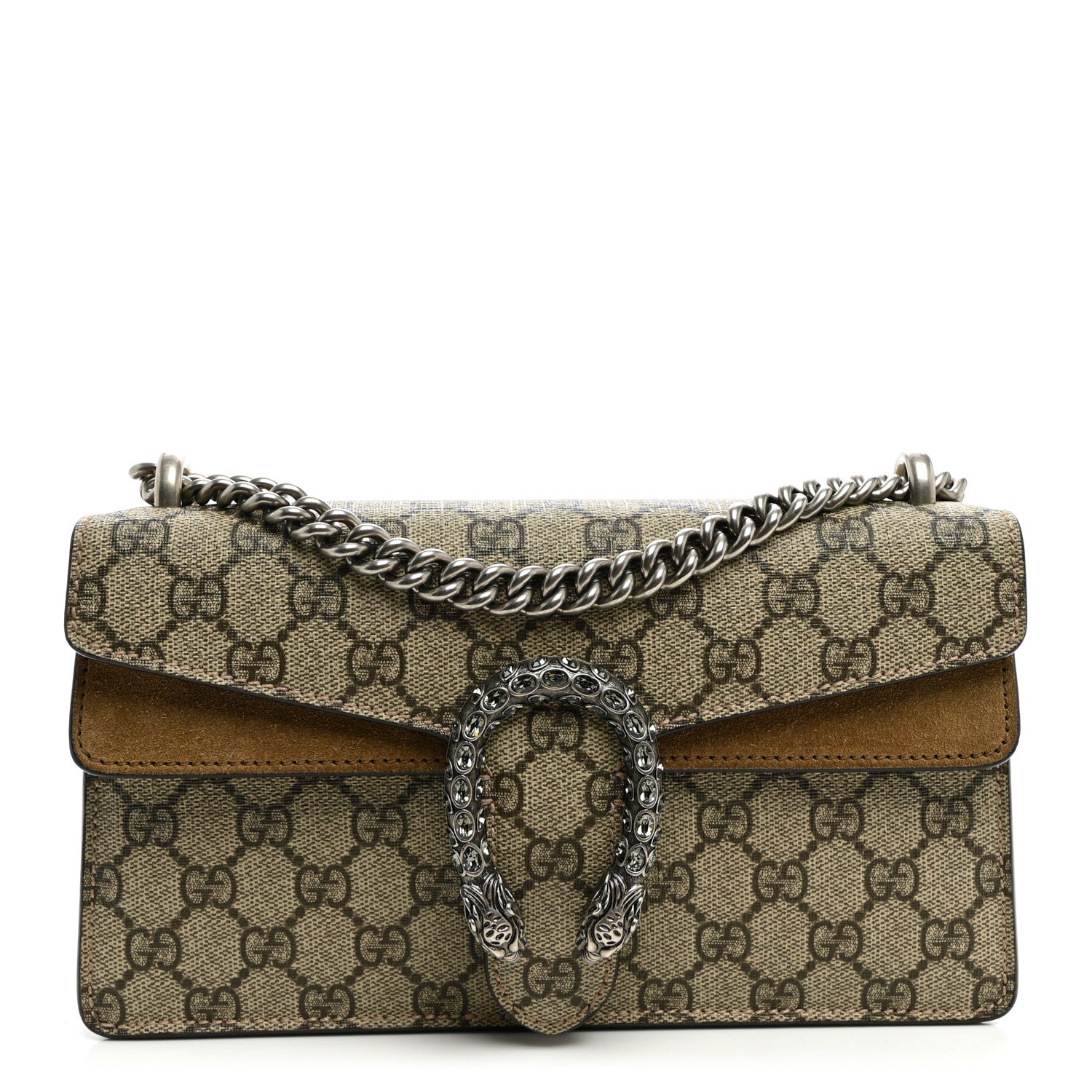 Gucci GG Supreme Monogram Suede Crystal Small Dionysus Shoulder Bag Beige Ebony Taupe 1 of 10