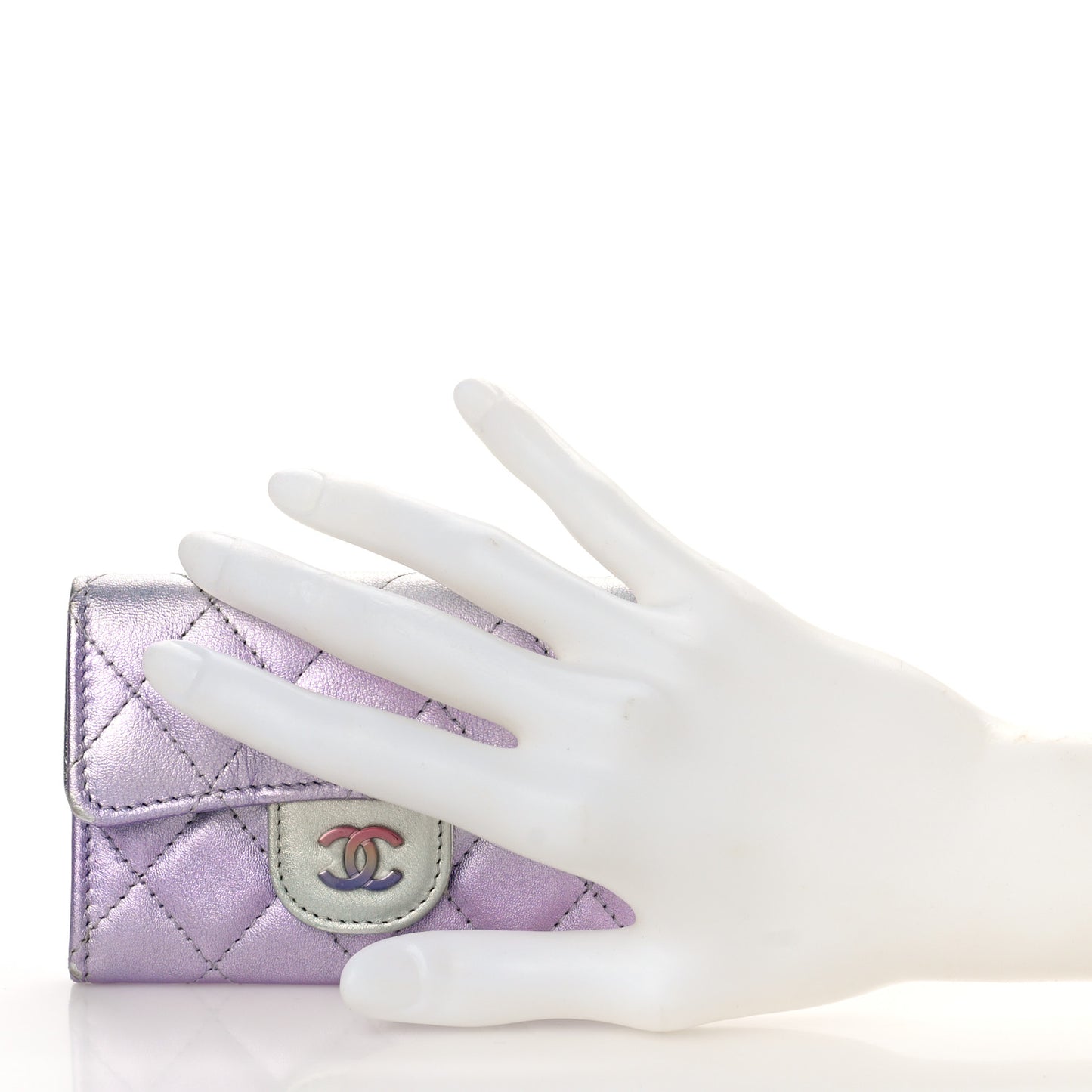 Gradient Metallic Calfskin Quilted Flap Card Holder Wallet Silver Blue Yellow Purple