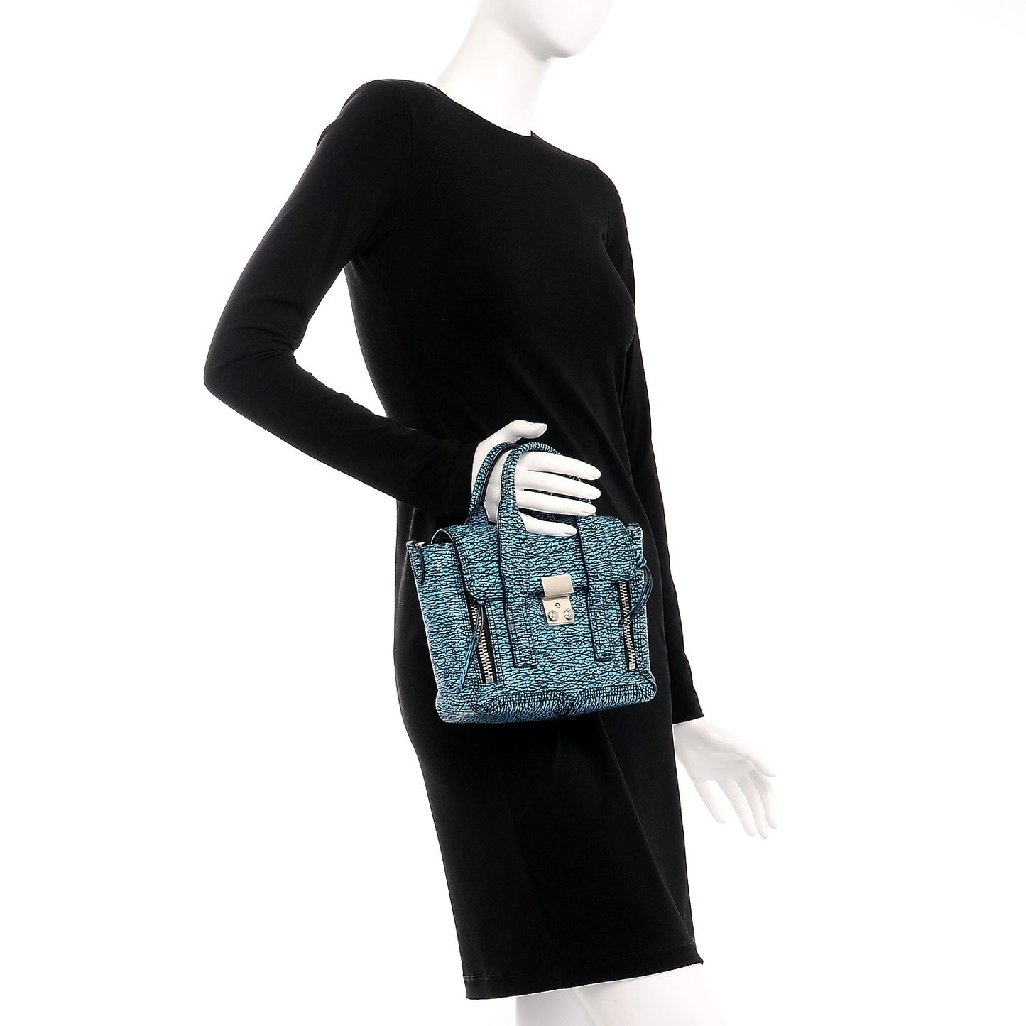 3.1 Textured Calfskin Mini Pashli Satchel Turquoise Black