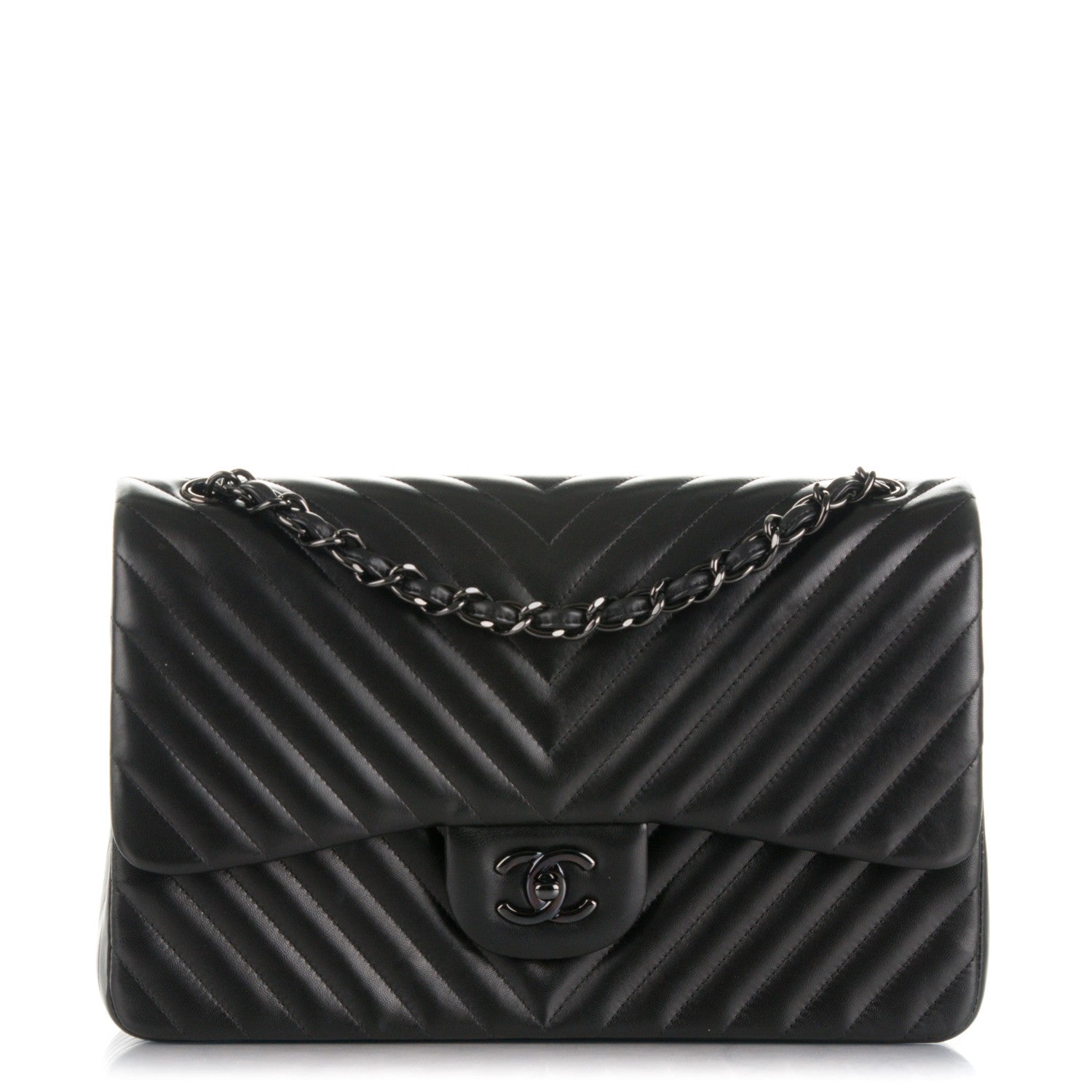 Chanel Lambskin Chevron Quilted Jumbo Double Flap So Black 1 of 8