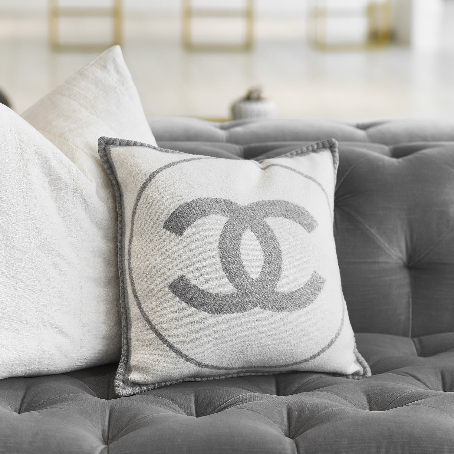 Chanel Merino Wool Cashmere CC Pillow Grey Off White 2 of 5