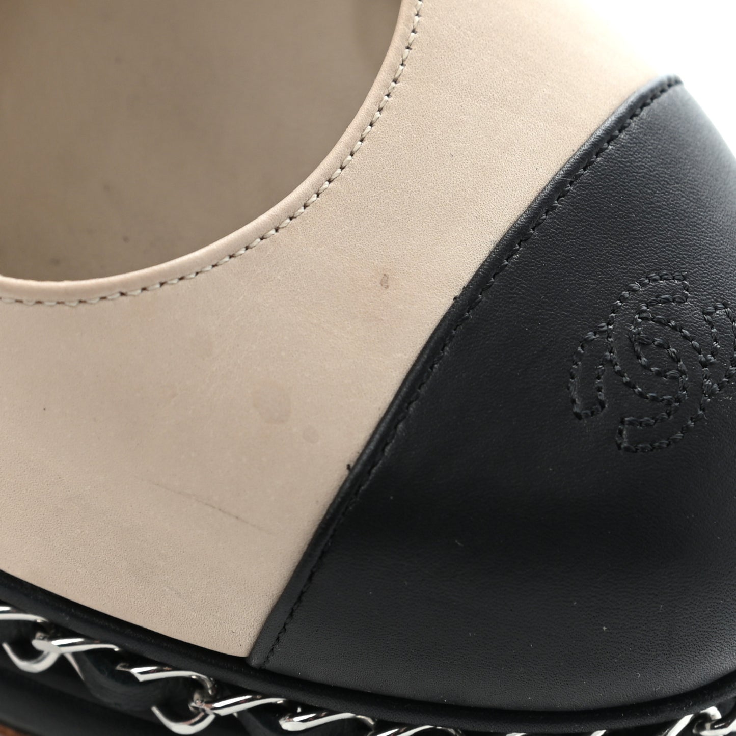 Calfskin CC Cap Toe Platform Chain Pumps 37 Beige Black