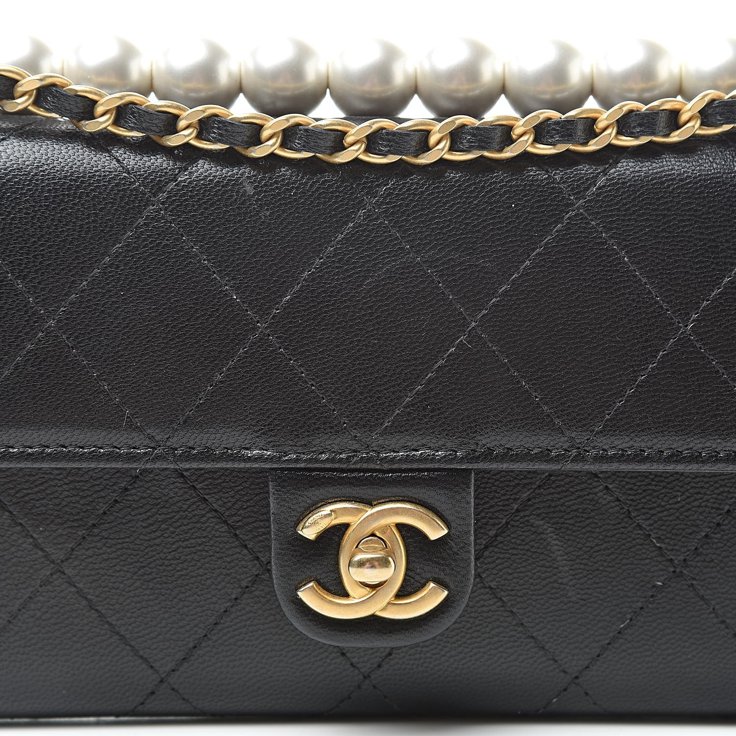 Chanel Goatskin Quilted Pearl Short Handle Clutch With Chain Black 9 of 14