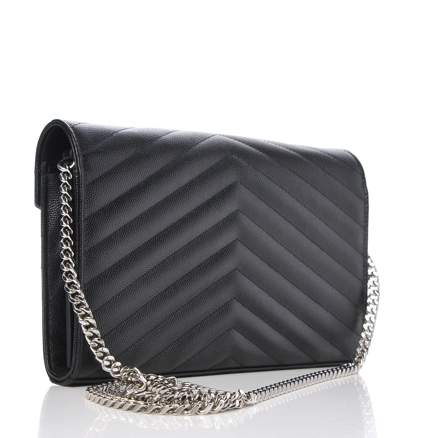 Saint Laurent Grain De Poudre Matelasse Chevron Monogram Chain Wallet Black 3 of 7