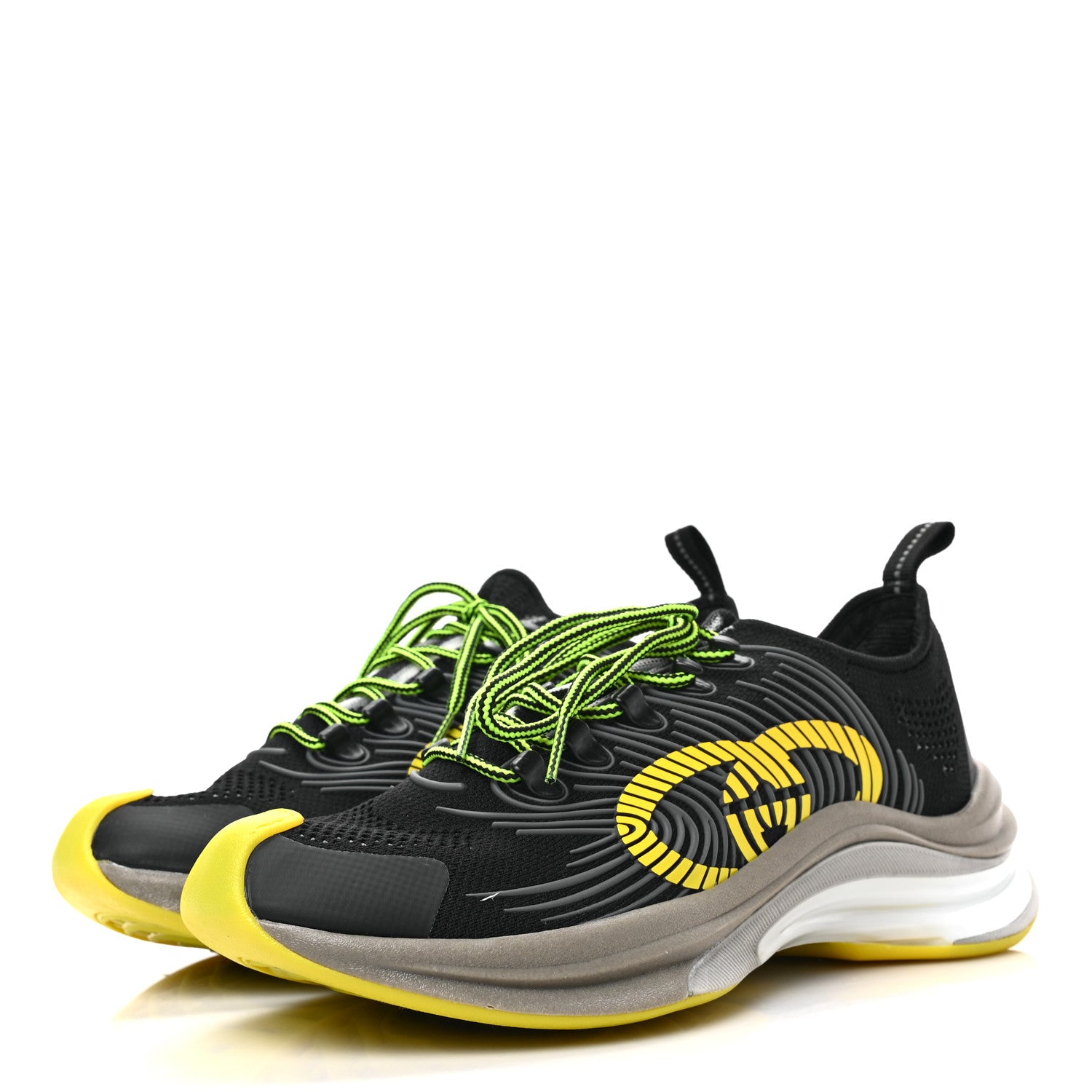 Gucci Technical Knit Fabric Waves Mens Gucci Run Sneakers 7.5 Black Silver Giallo Neon Yellow 3 of 7