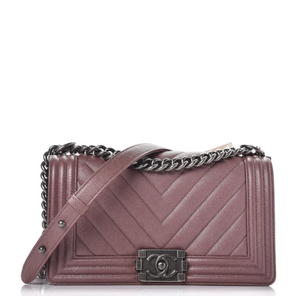 Chanel Metallic Caviar Chevron Quilted Medium Boy Flap Dark Pink 1 of 8