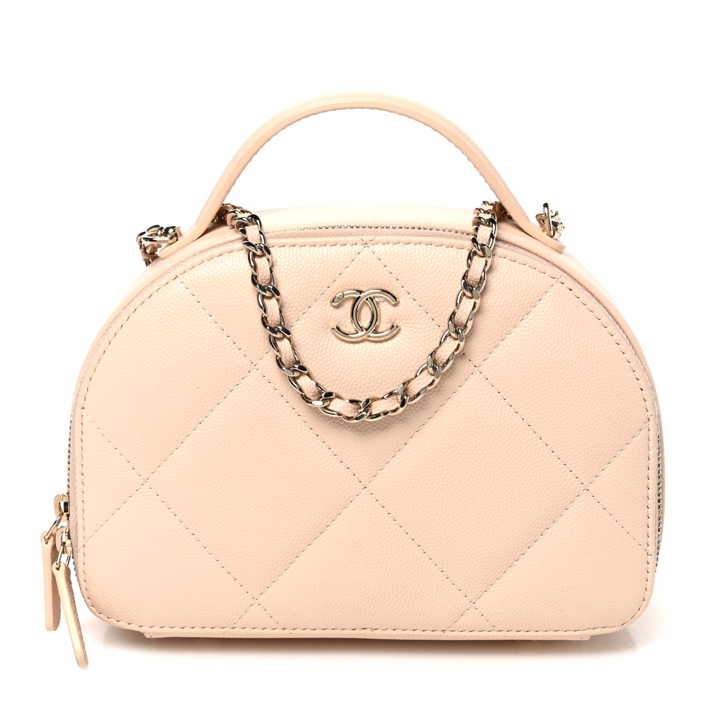 Grained Calfskin Quilted Top Handle Chain Clutch Beige