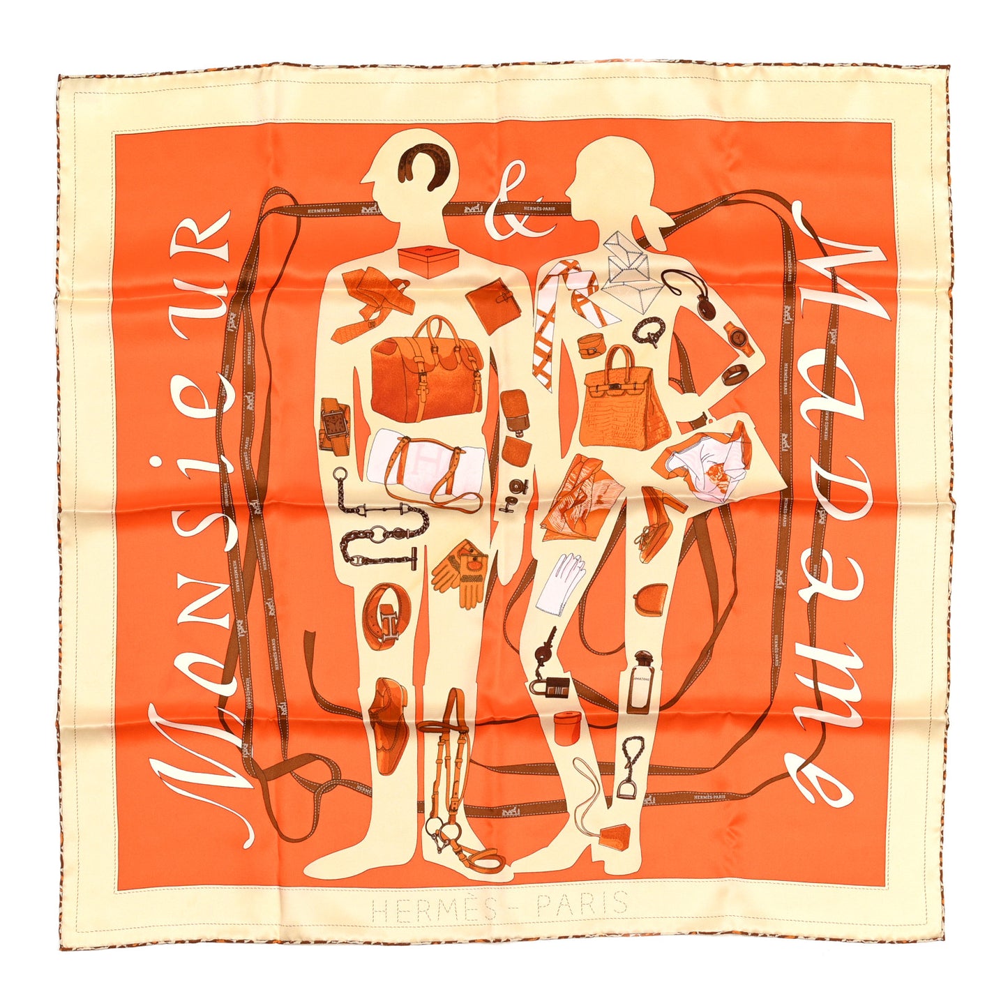 Vintage Silk Monsieur Et Madame Scarf 70 Creme Orange Marron
